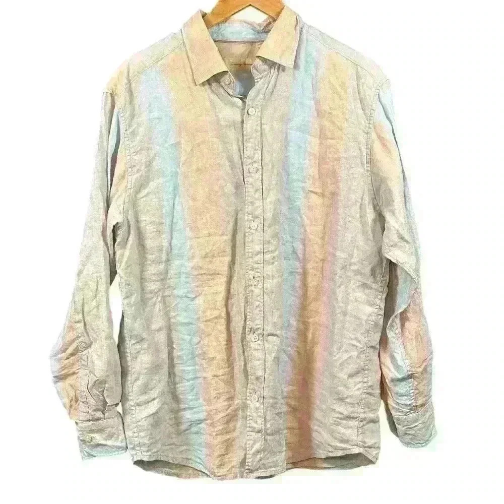 TOMMY BAHAMA 100% Linen Tropical Hawaiian Casual Long Sleeve Button Up Men Large